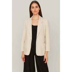 Womens Talbots Irish Linen Blazer Jacket Size 12P Oatmeal ONe Button Pockets